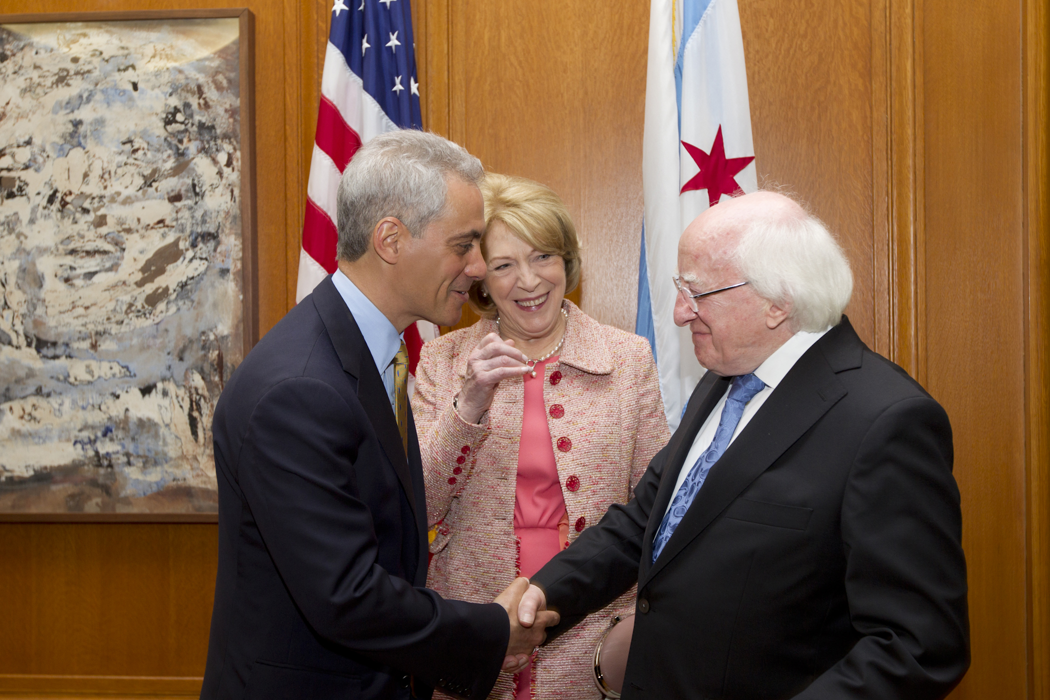 Mayor Rahm Emanuel welcomes His Excellency President Michael D. Higgins, President of Ireland, and Mrs. Sabina Higgins, First Lady of Ireland, to Chicago.